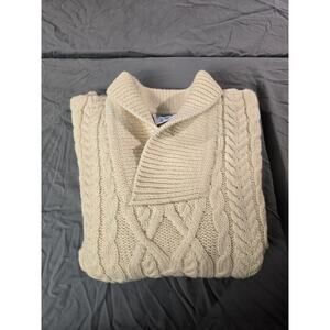 John Molloy Irish Aran Sweater Shawl Collar Pure Wool L XL Made Ireland